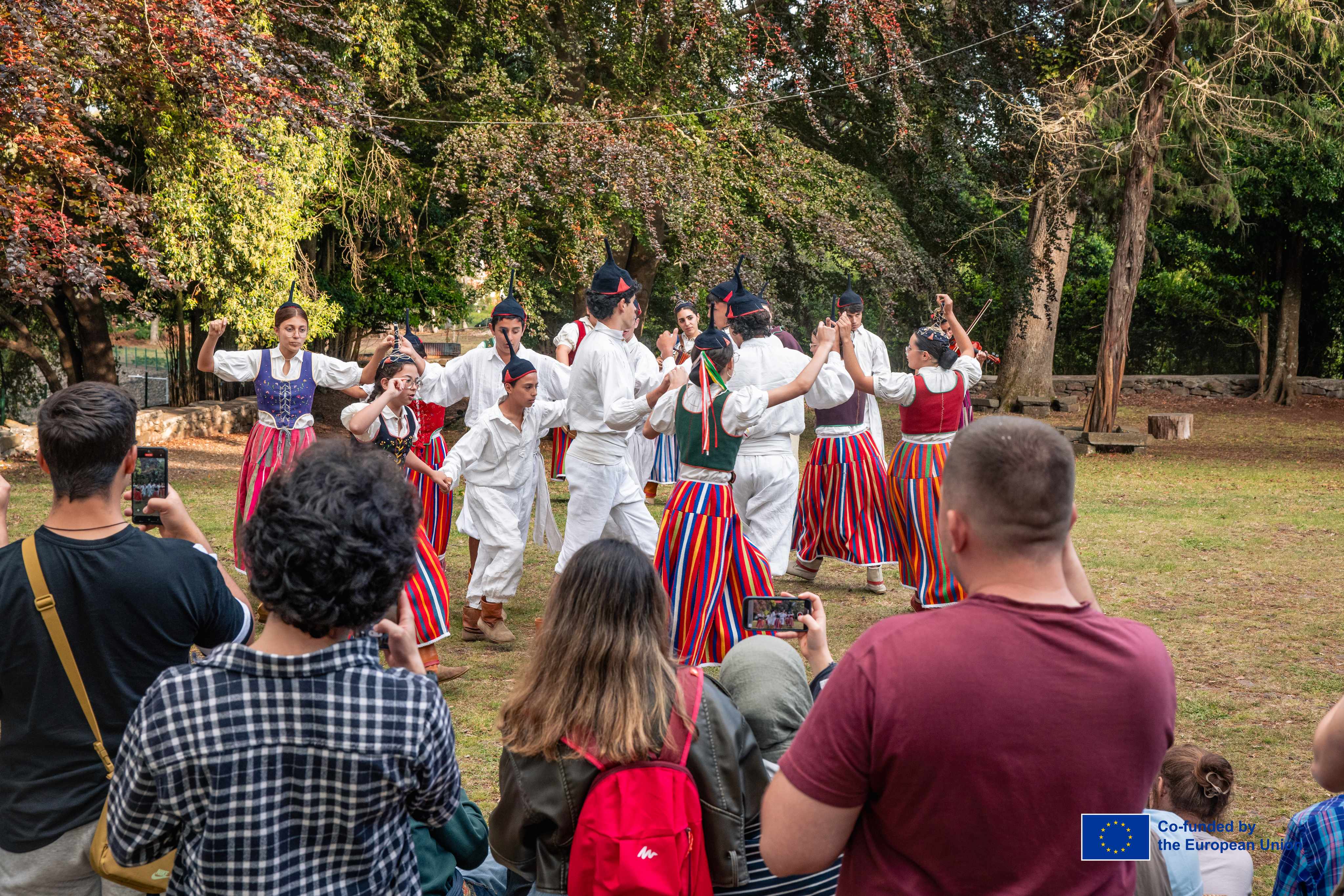 Traditional folk dancers performing outdoors for an audience